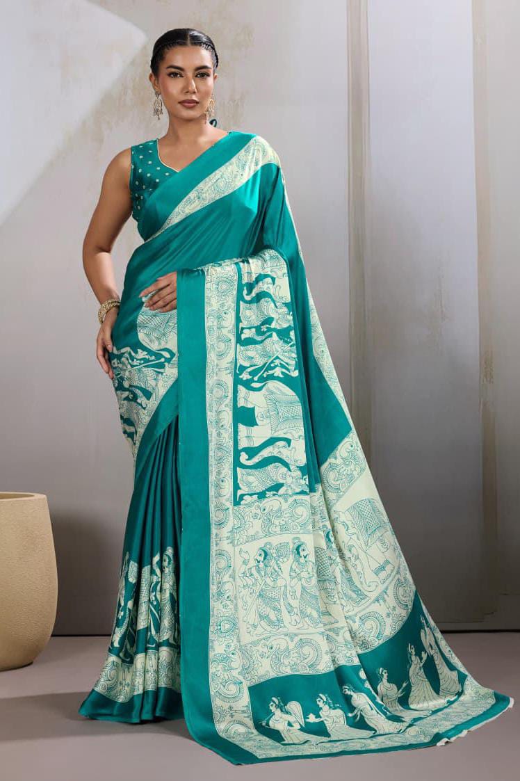 Teal Green Modal Satin Ajrakh Printed Saree