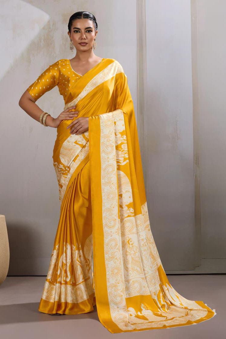 Mustard Yellow Satin Ajrakh Printed Saree