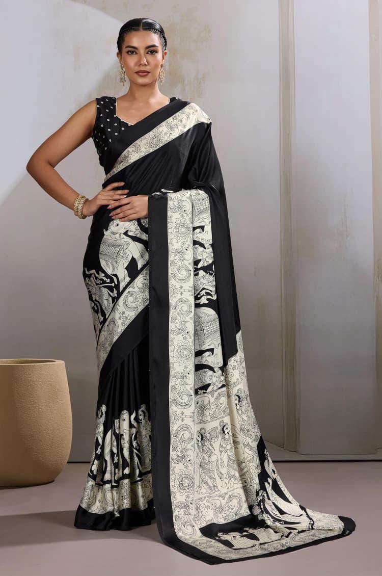 Black Modal Satin Ajrakh Printed Saree
