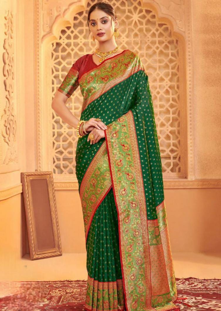 Green Silk Blend Weaving Contrast Border Saree