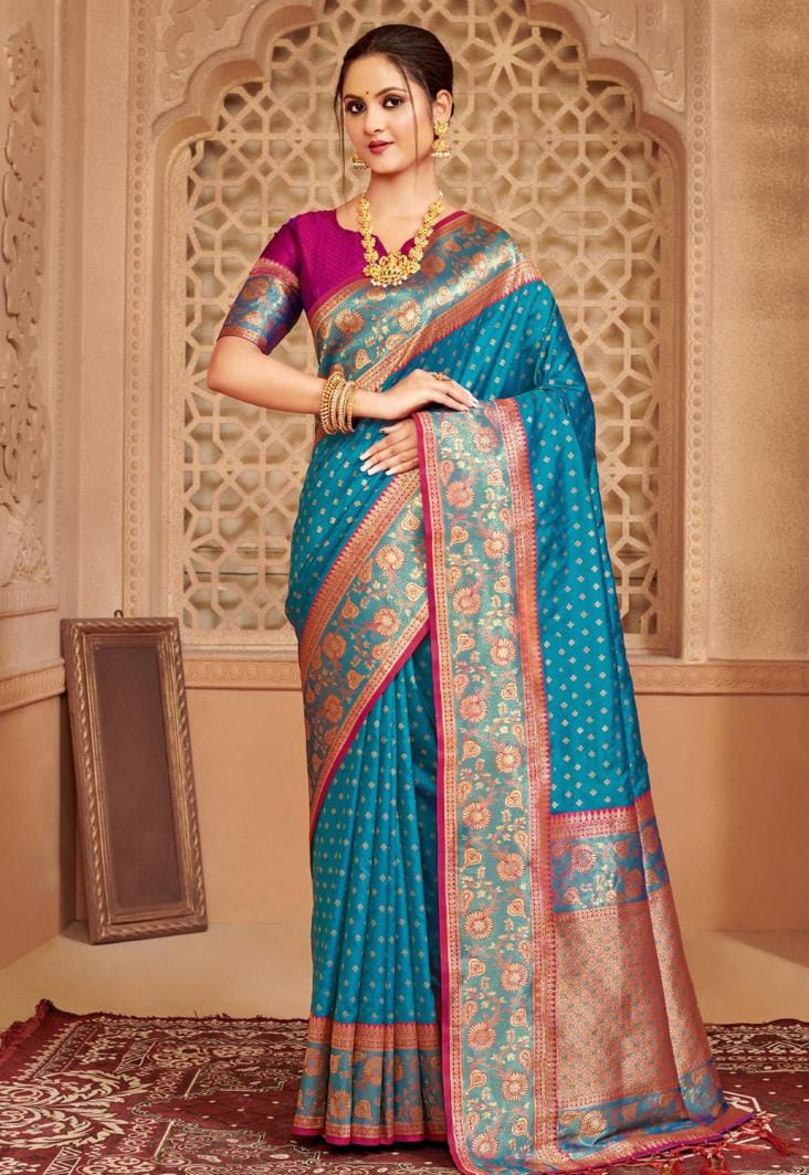 Blue Silk Blend Weaving Contrast Border Saree