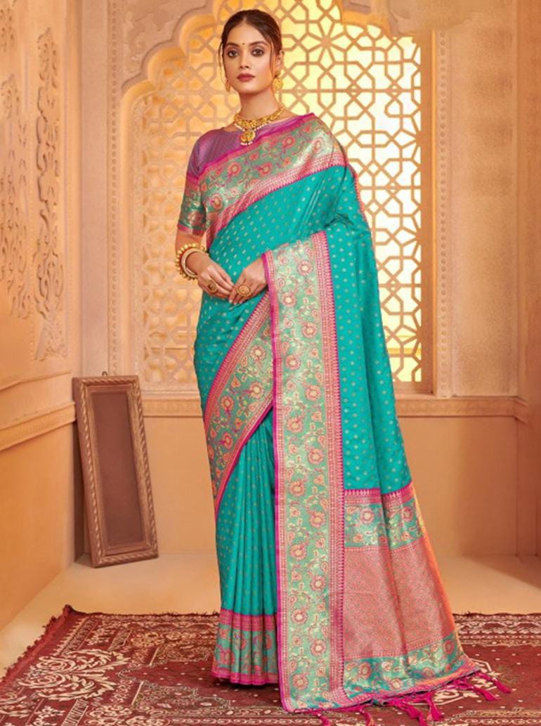 Turquoise Silk Blend Weaving Contrast Border Saree