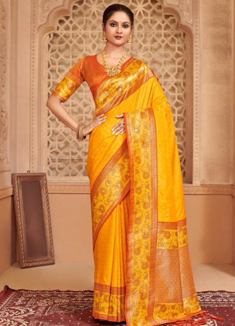 Yellow Silk Blend Weaving Contrast Border Saree