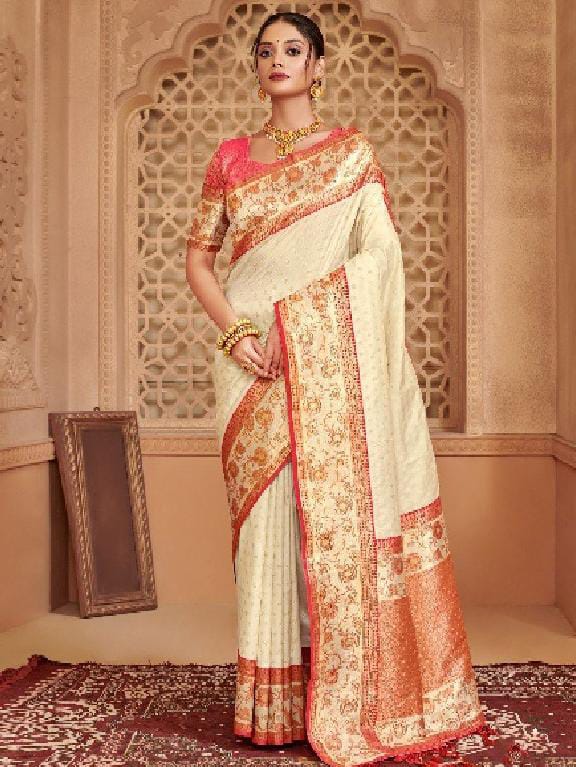 Off WhIte Silk Blend Weaving Contrast Border Saree