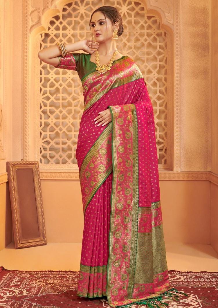 Pink Silk Blend Weaving Contrast Border Saree