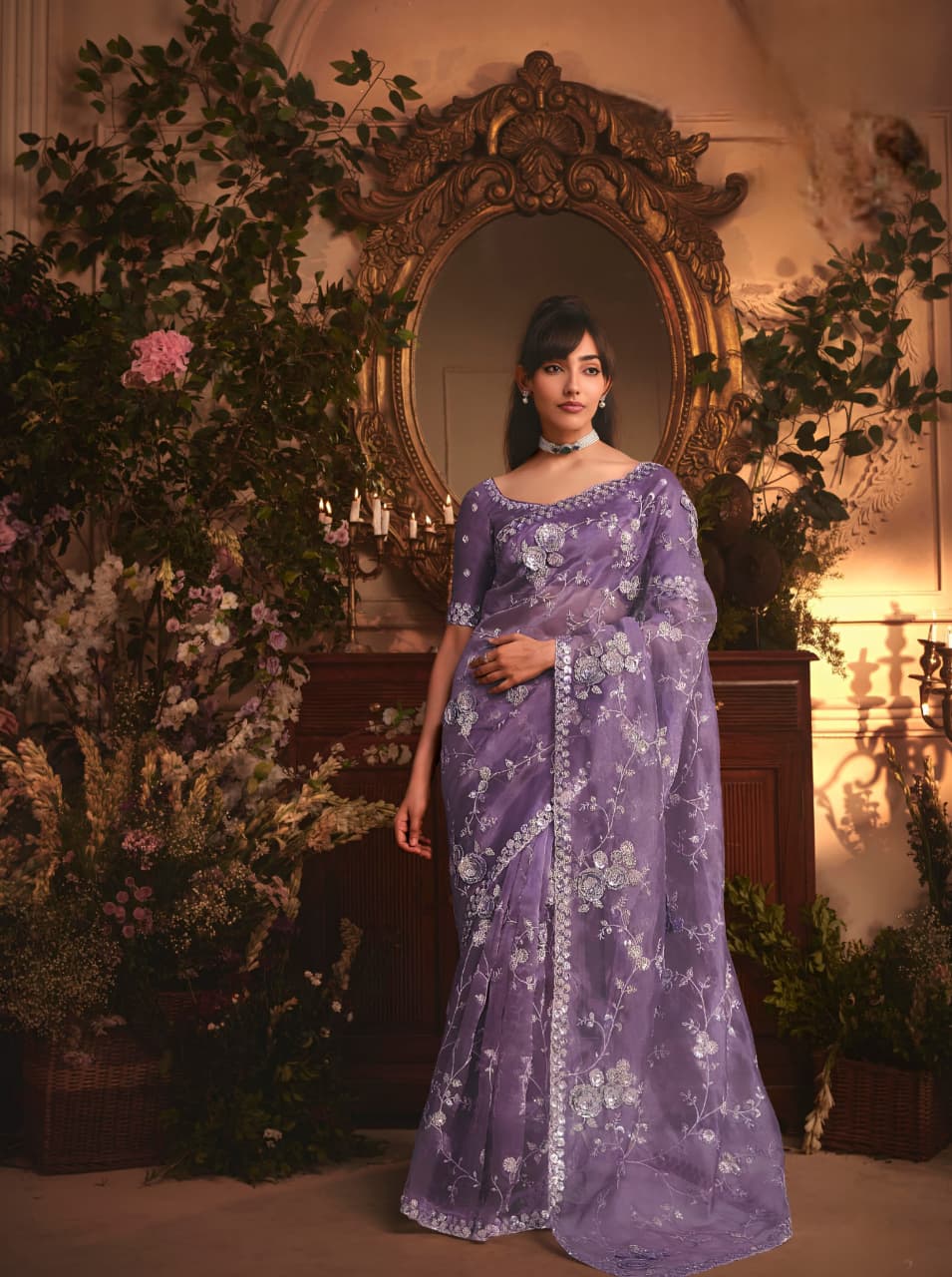 Lavender Tissue Organza Embroidered Saree