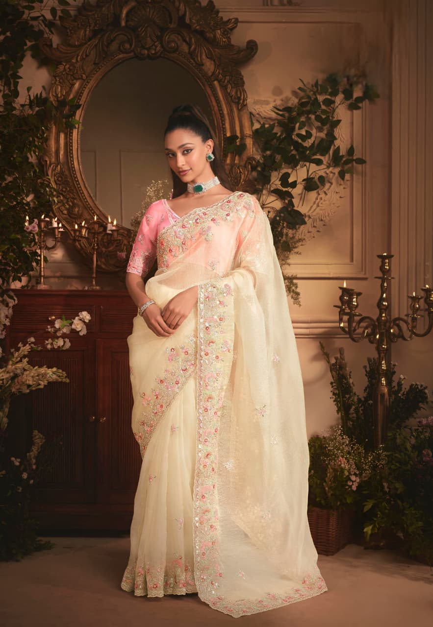 Cream Tissue Organza Embroidered Saree