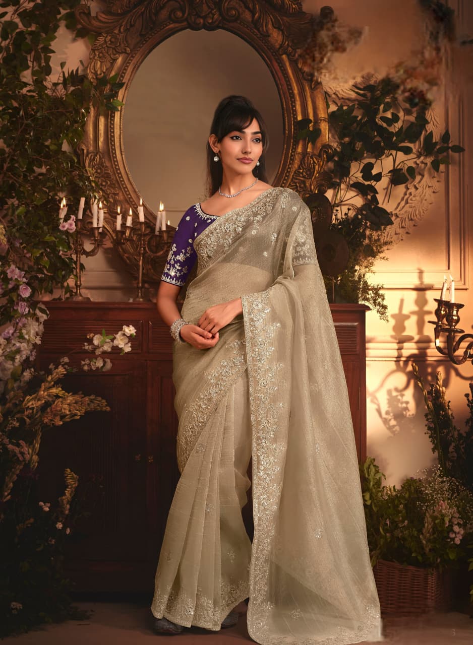 Grey Tissue Organza Embroidered Saree