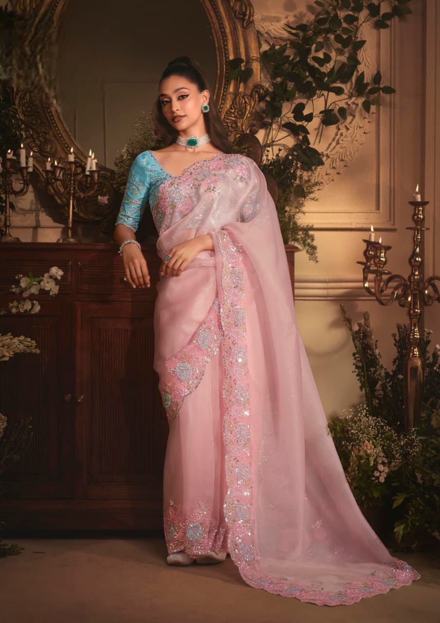 Baby Pink Organza Embroidered Saree