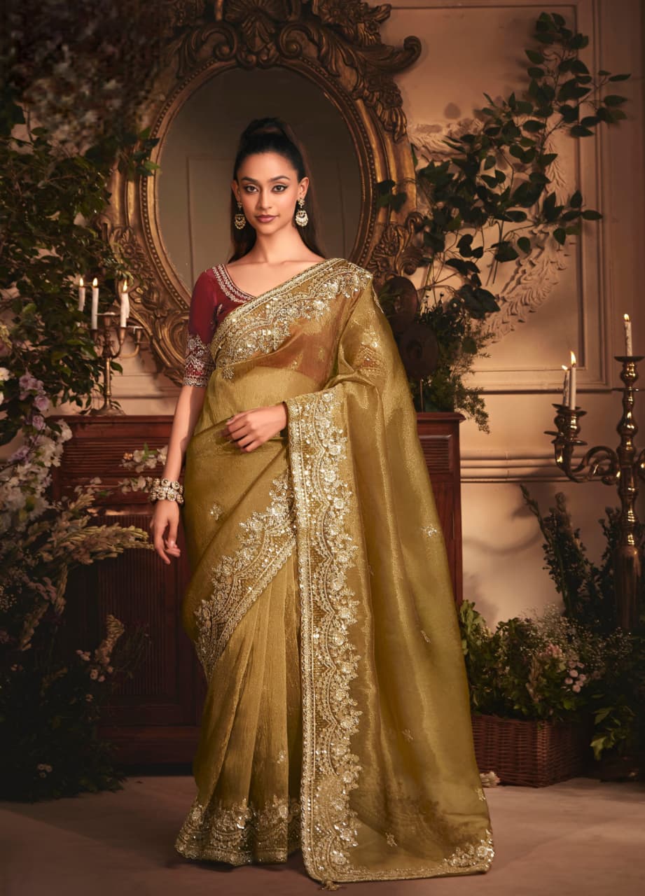 Olive Green Tissue Organza Embroidered Saree