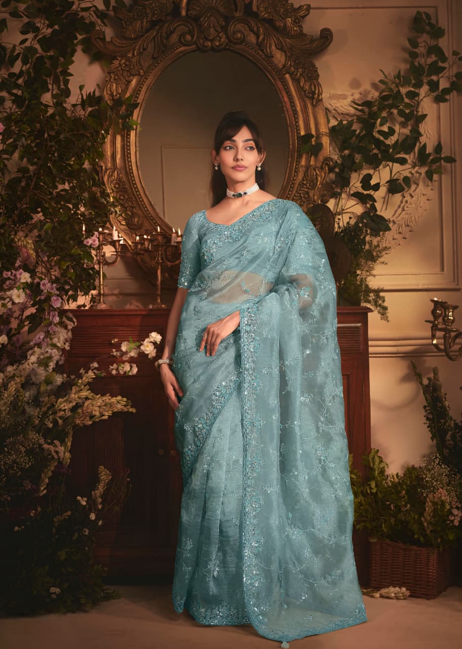 Sea blue Tissue Organza Embroidered Saree