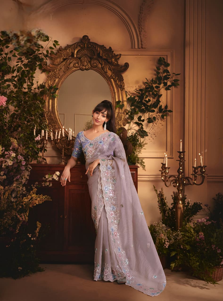 Lilac Tissue Organza Embroidered Saree