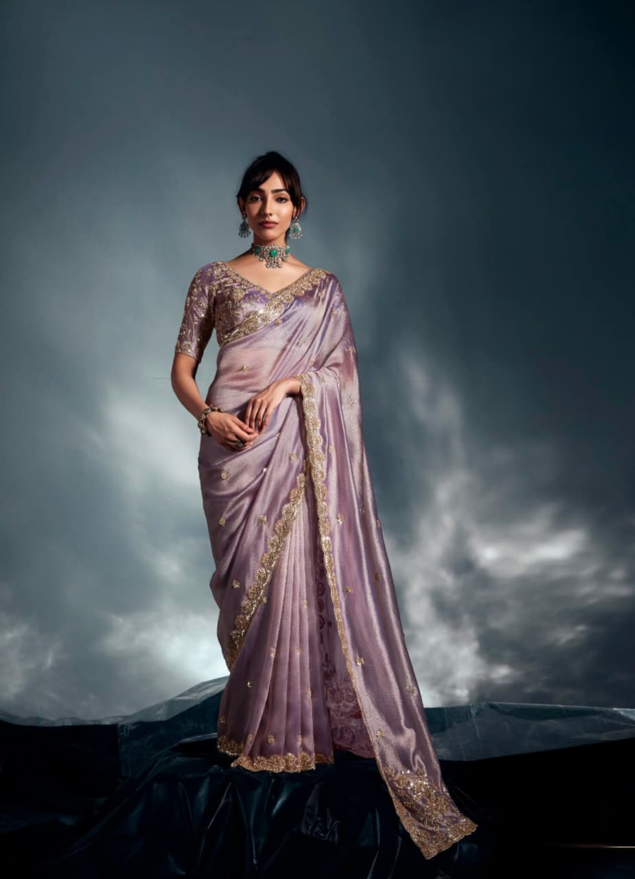Lilac Grey Tissue Organza Embroidered Saree