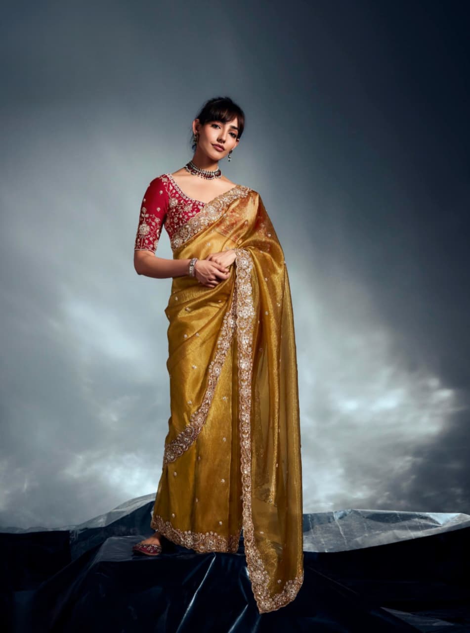 Mustard Yellow Tissue Organza Embroidered Saree