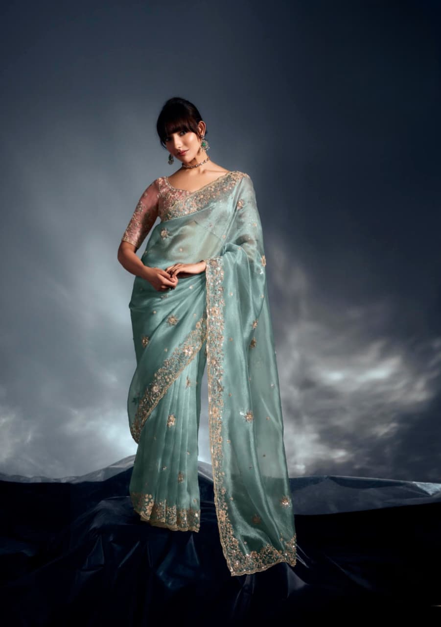 Sea Green Tissue Organza Embroidered Saree