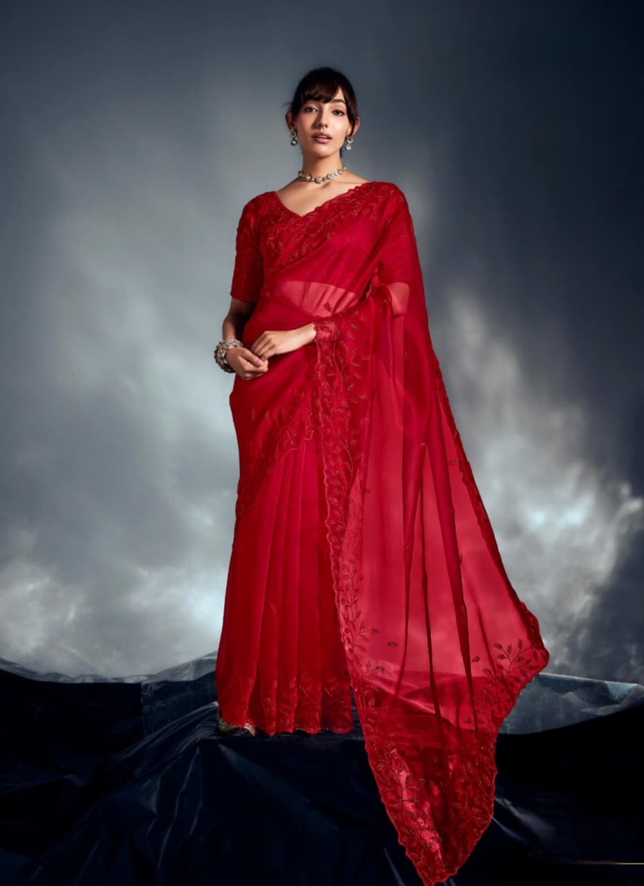 Deep Red Tissue Organza Embroidered Saree