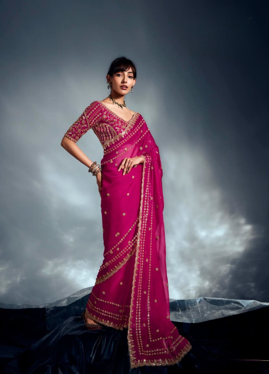 Magenta Pink Tissue Organza Embroidered Saree