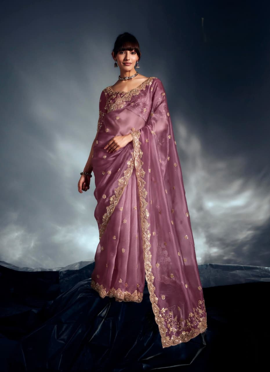 Lavender Mauve Tissue Organza Embroidered Saree