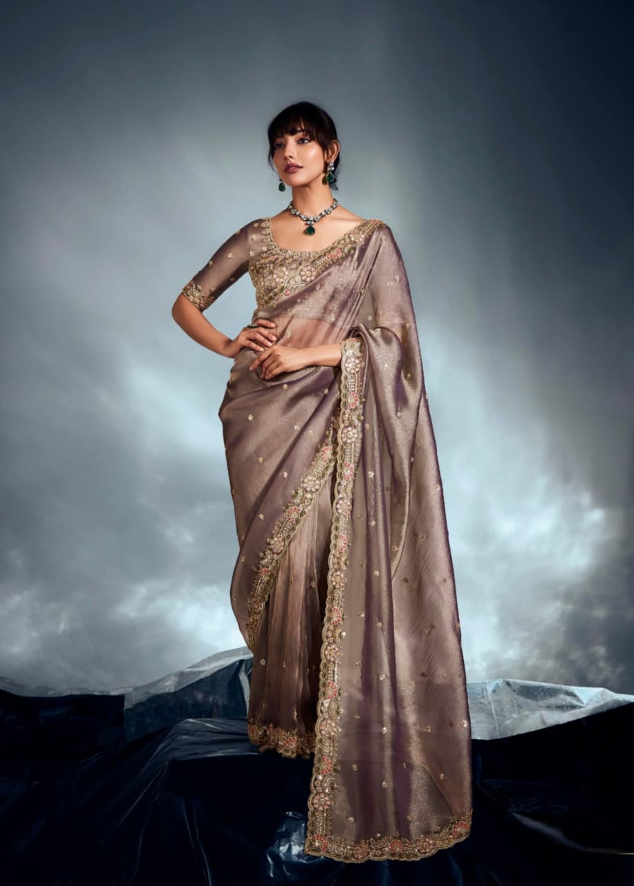 Grey Tissue Organza Embroidered Saree