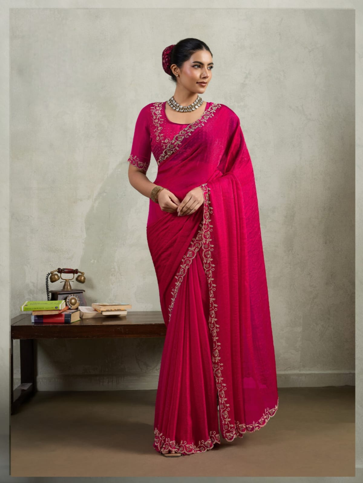 Ruby Pink Velvet Chiffon Dual Tone Zarkan work Saree