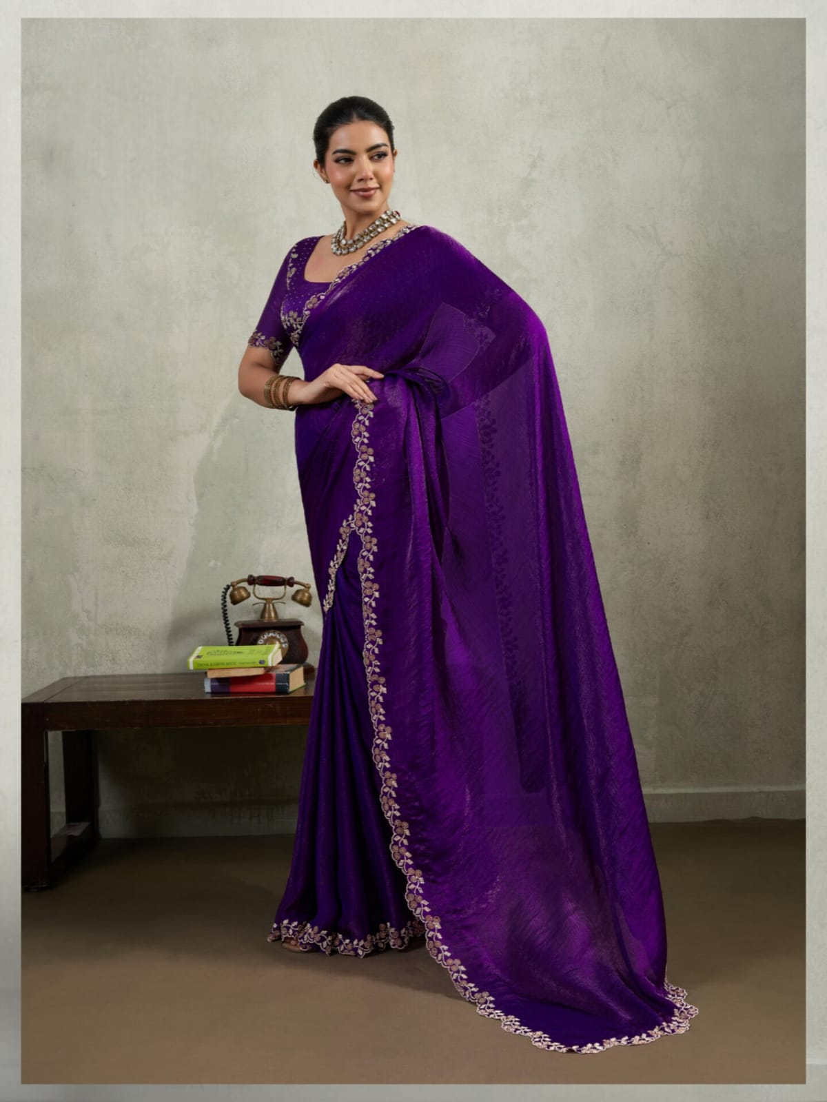 Royal Purple Velvet Chiffon Dual Tone Zarkan work Saree