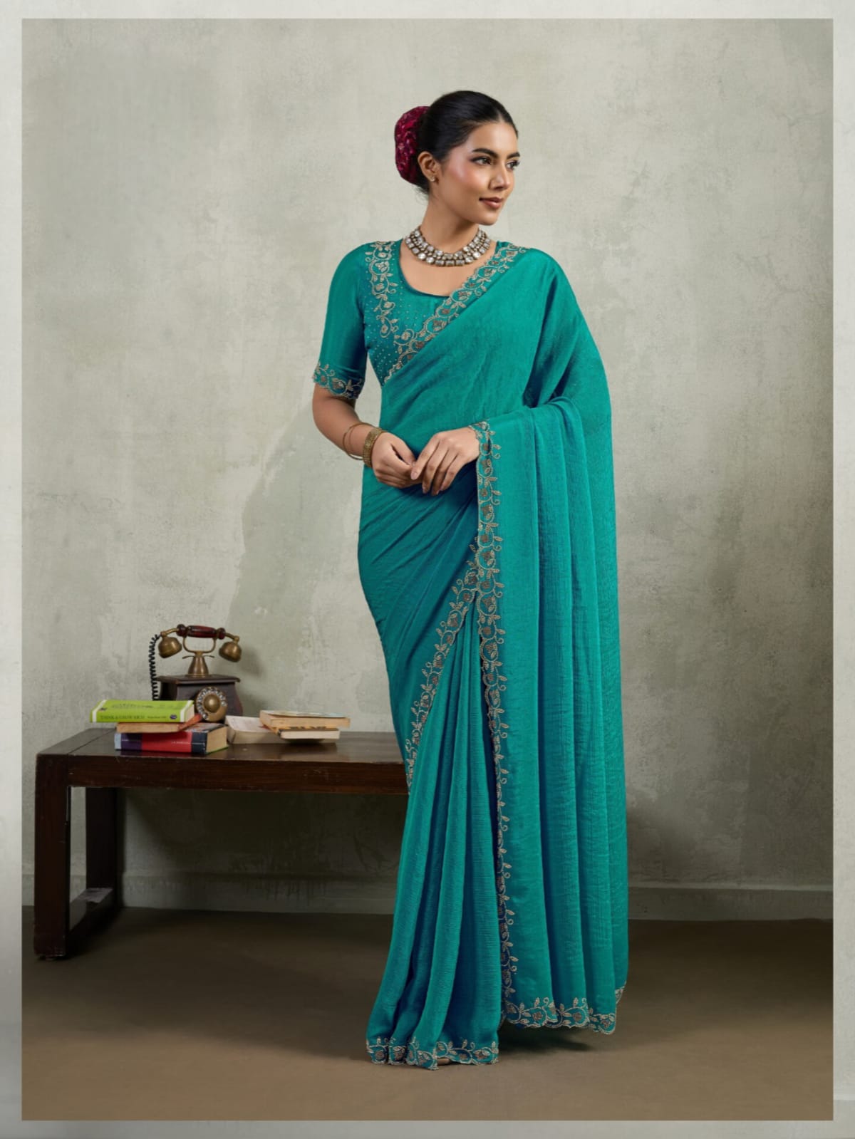 Aqua Blue Velvet Chiffon Dual Tone Zarkan work Saree