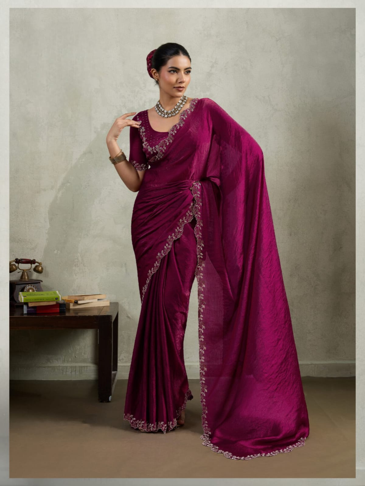 Wine Maroon Velvet Chiffon Dual Tone Zarkan work Saree