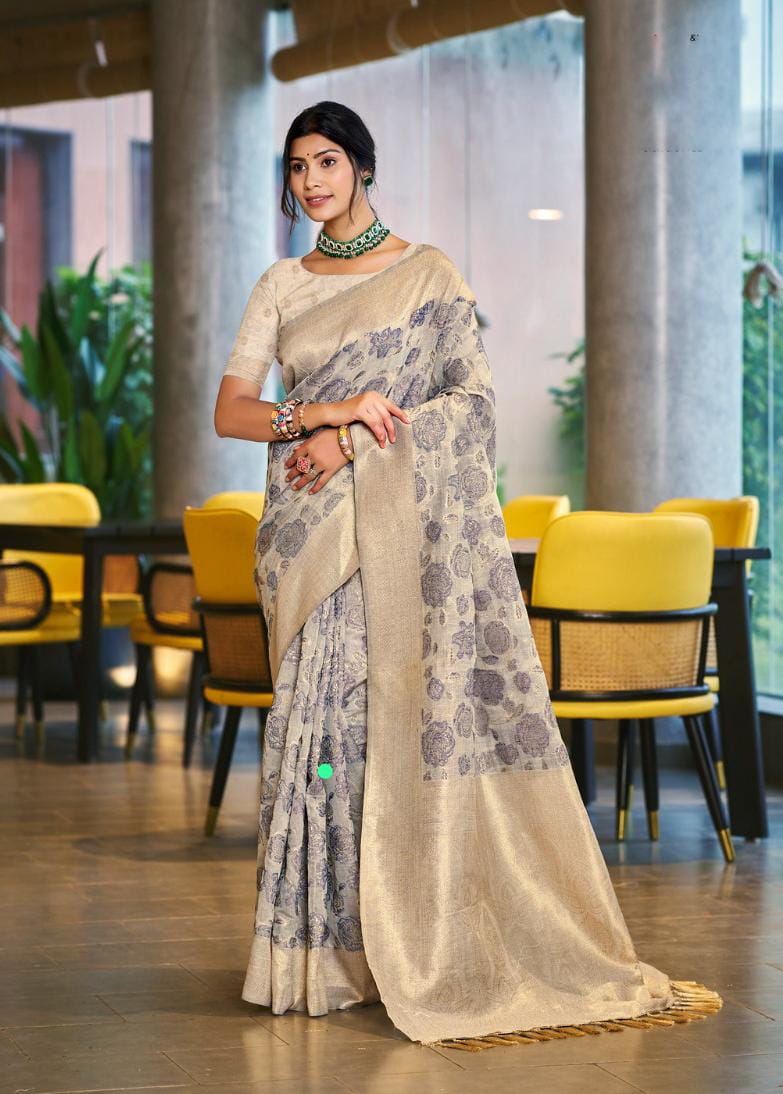 Grey Cotton Silk Weaving Saree