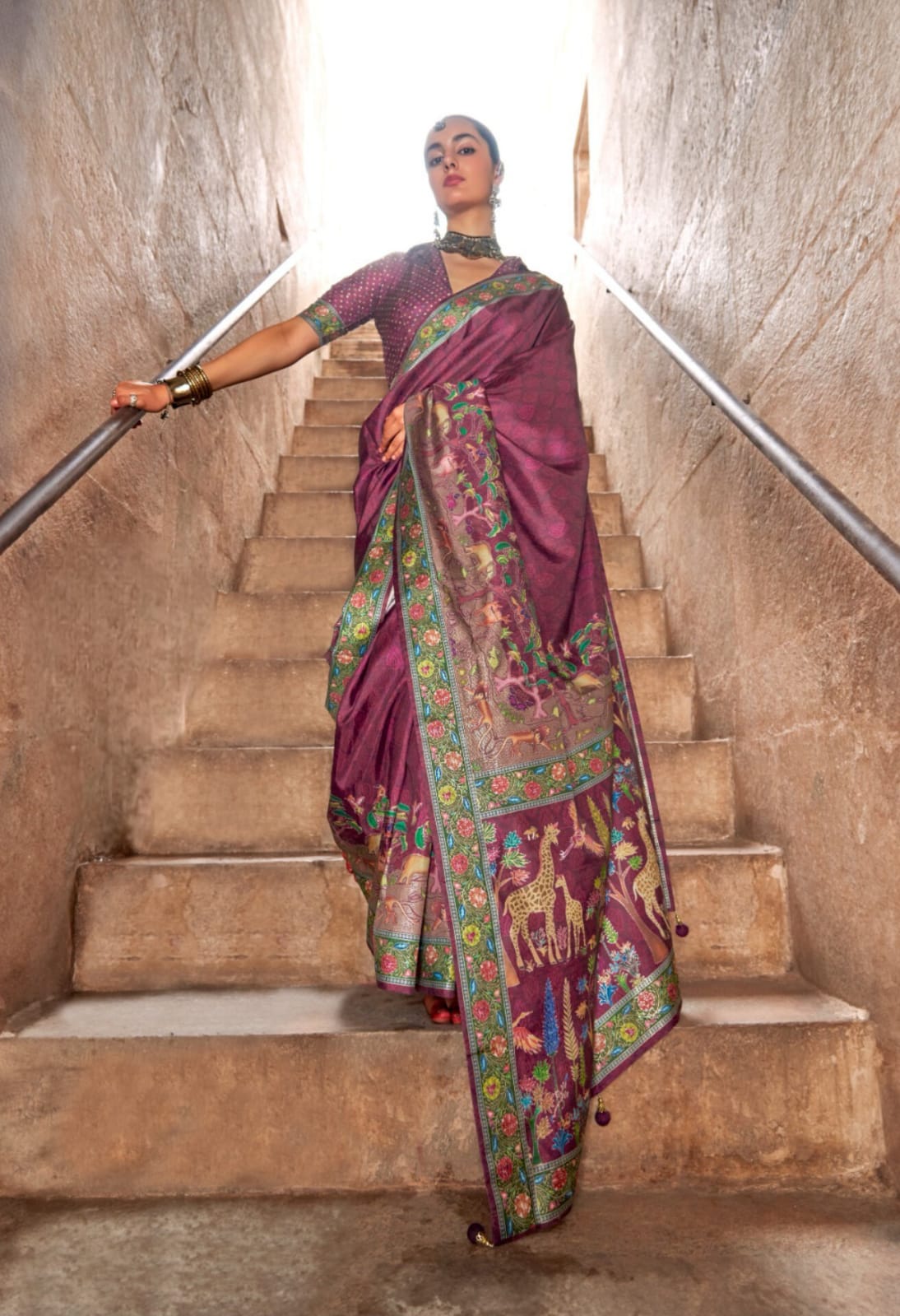 Wine P.V Silk Printed Saree