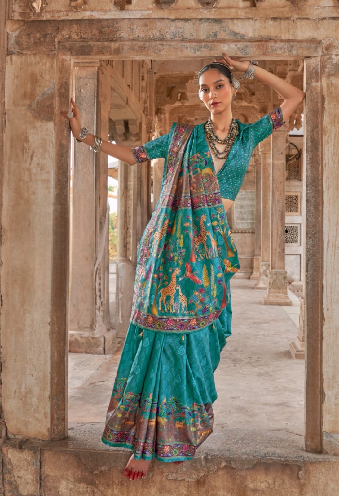 Turquoise  P.V Silk Printed Saree
