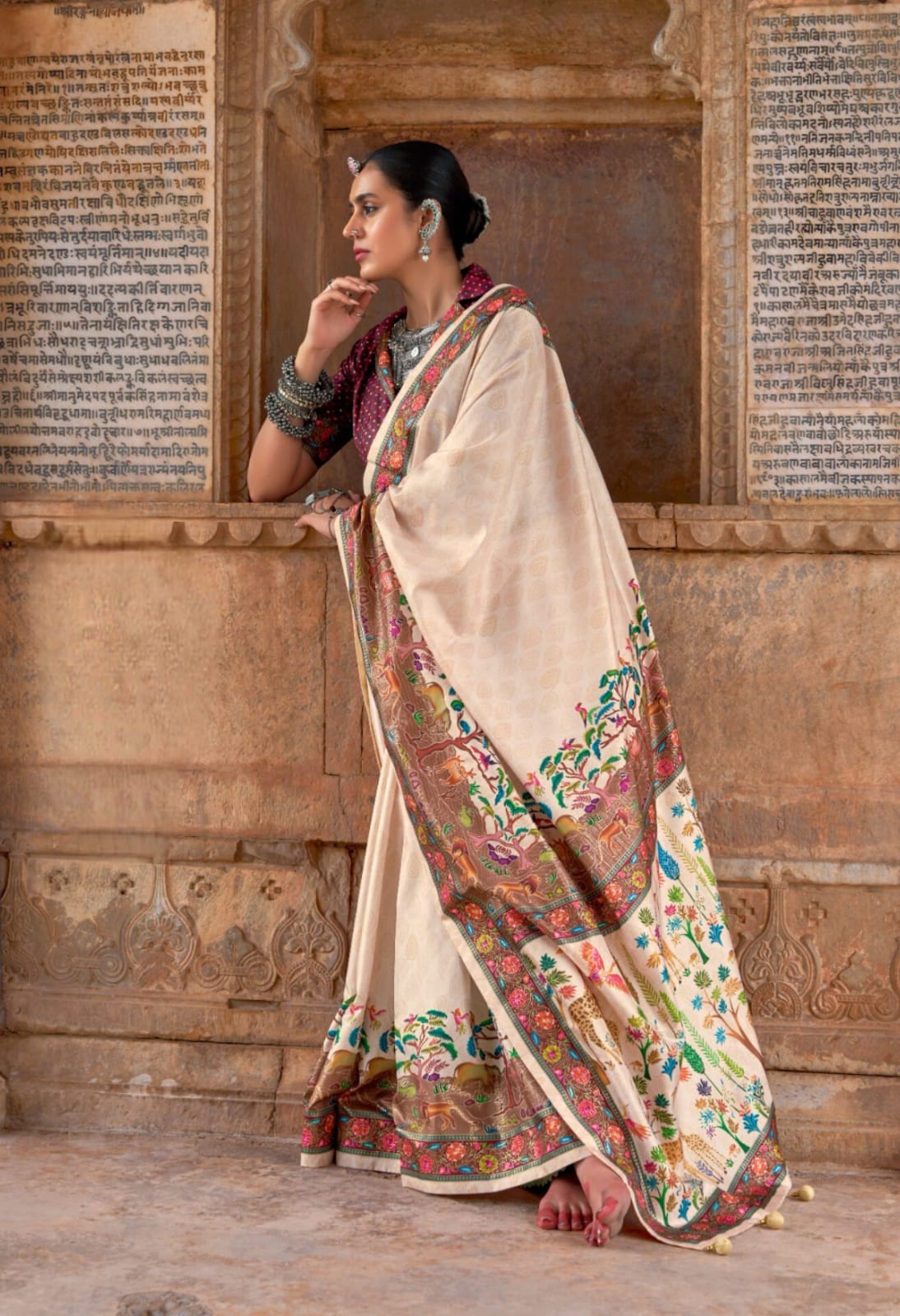 Cream P.V Silk Printed Saree