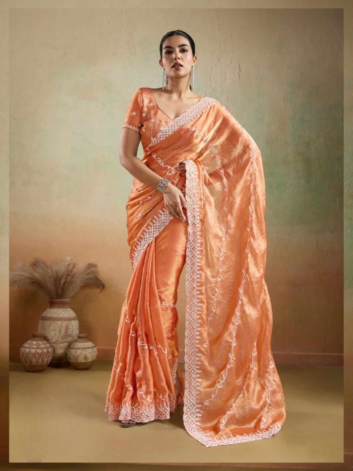 Orange Velvet Chiffon White Thread Sequins Saree