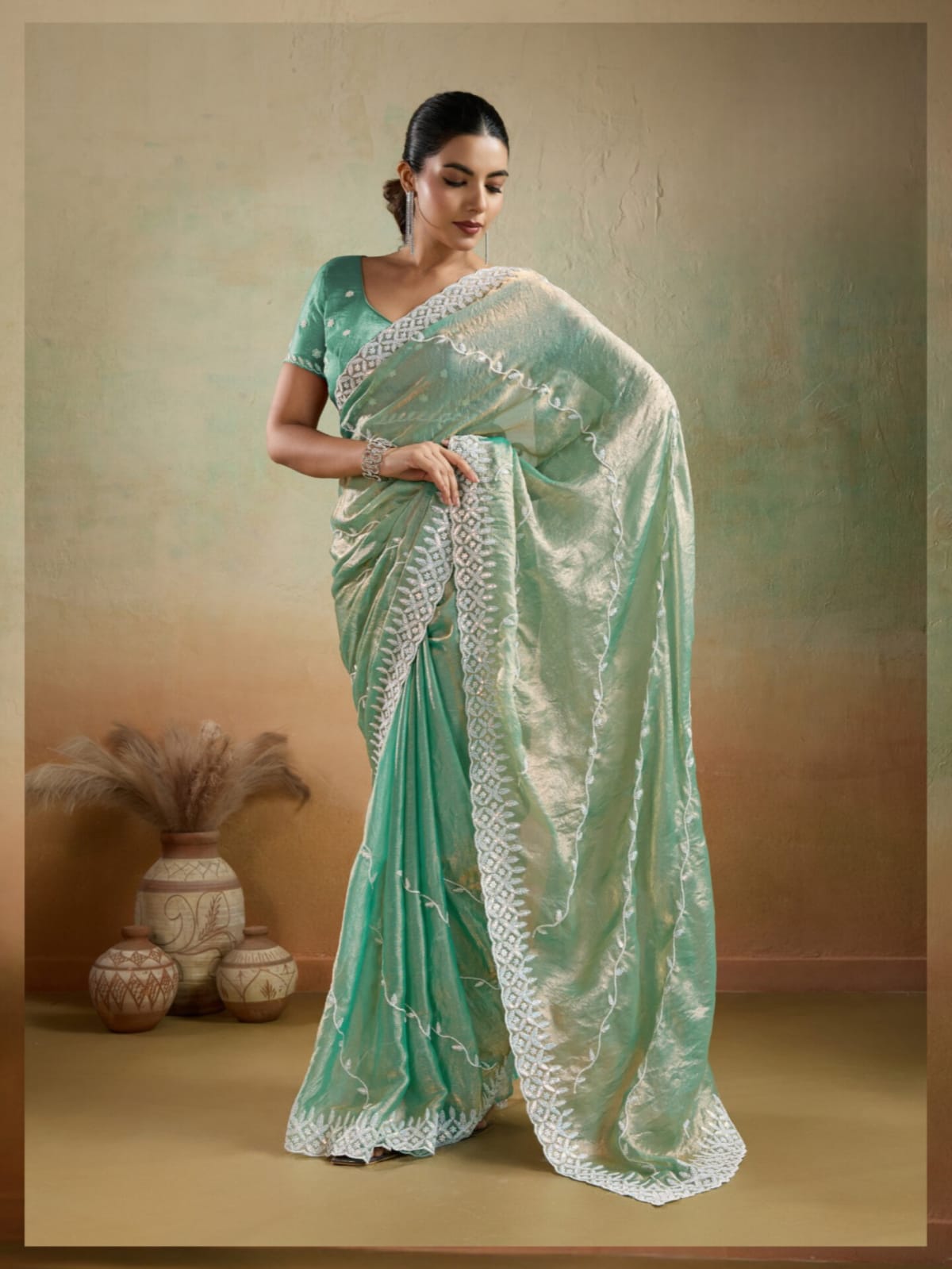 Sea Green Velvet Chiffon White Thread Sequins Saree