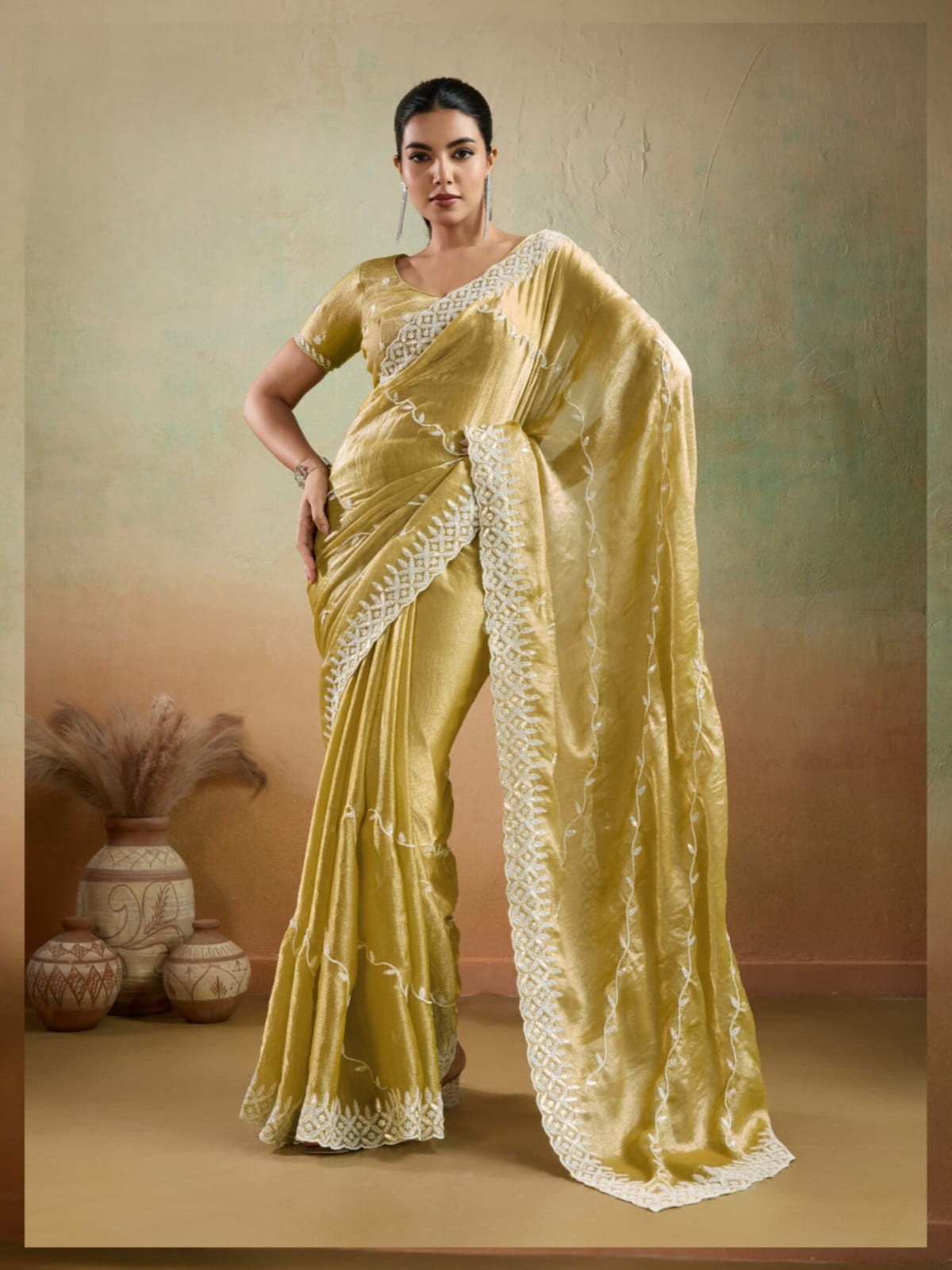 Mustard Yellow Velvet Chiffon White Thread Sequins Saree