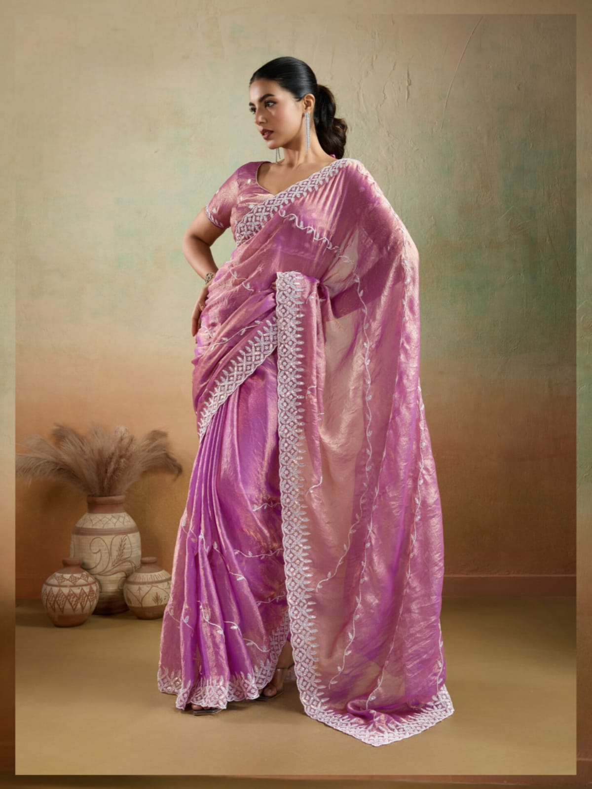 Purple Velvet Chiffon White Thread Sequins Saree