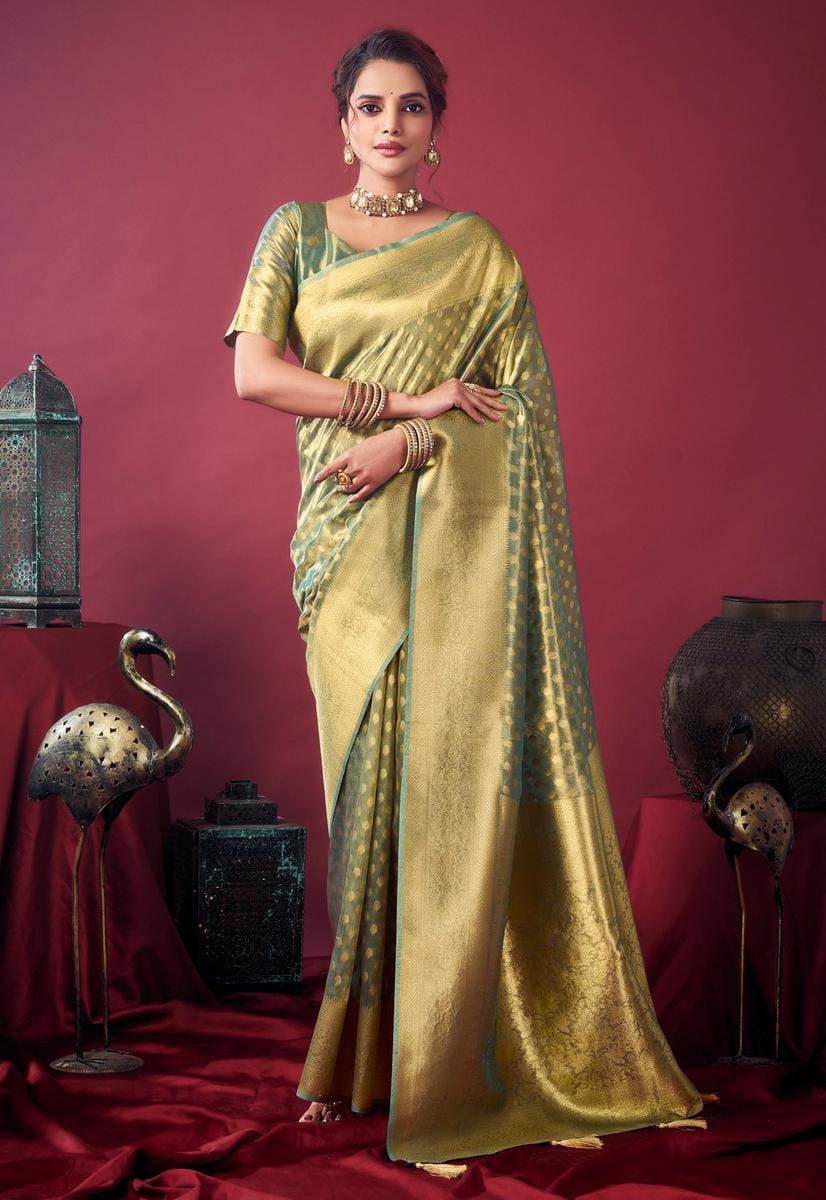 Golden Green Tissue Silk Zhallar Saree
