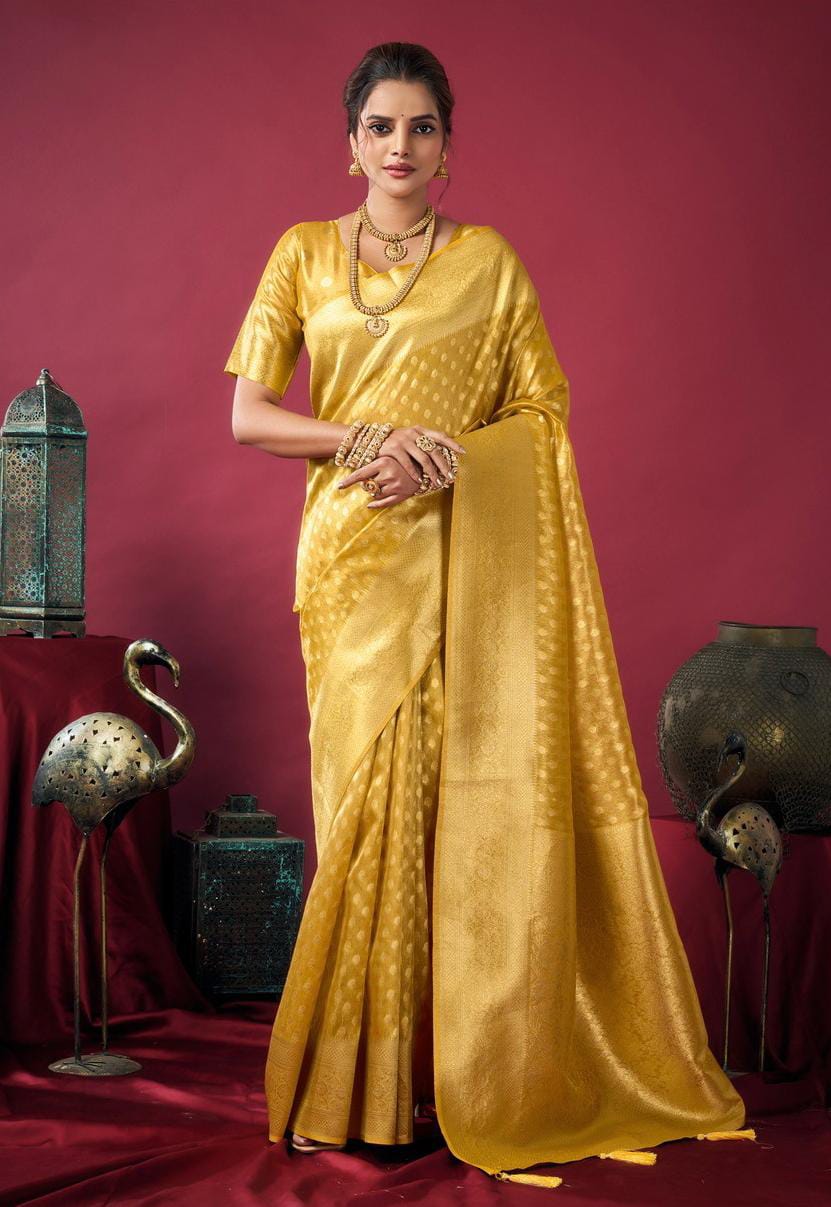 Golden Yellow Tissue Silk Zhallar Saree