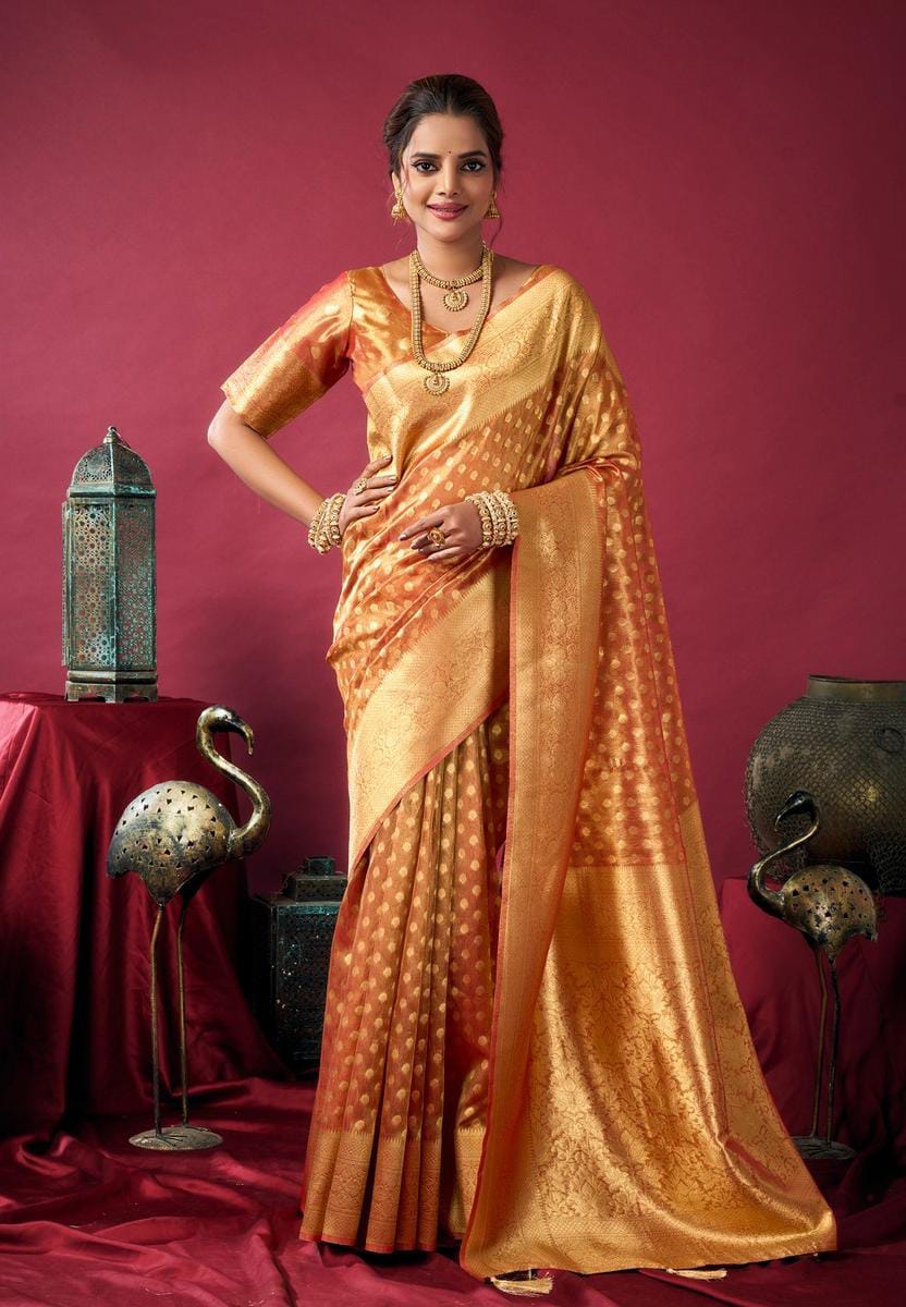 Orange Tissue Silk Zhallar Saree