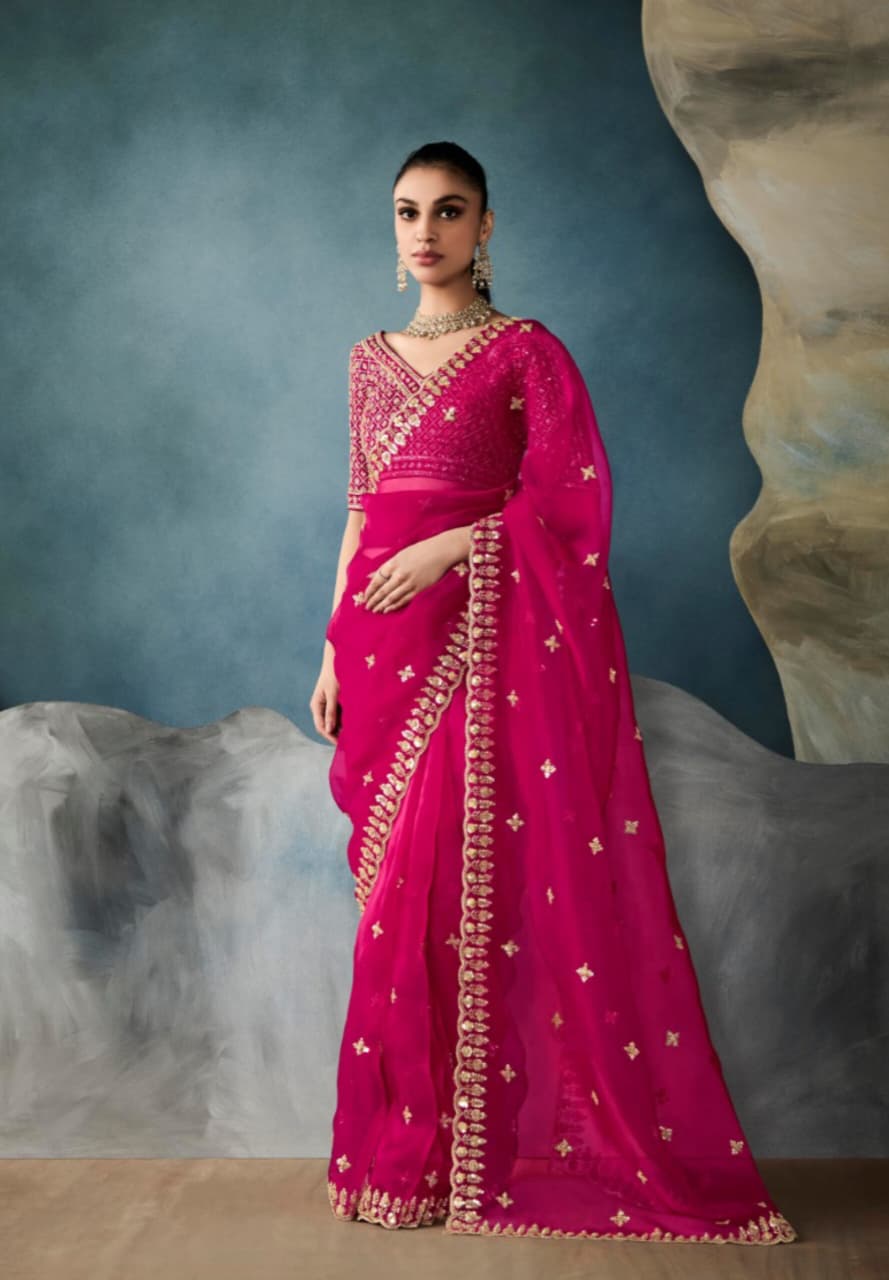 Pink Tissue Handwork Designer Saree