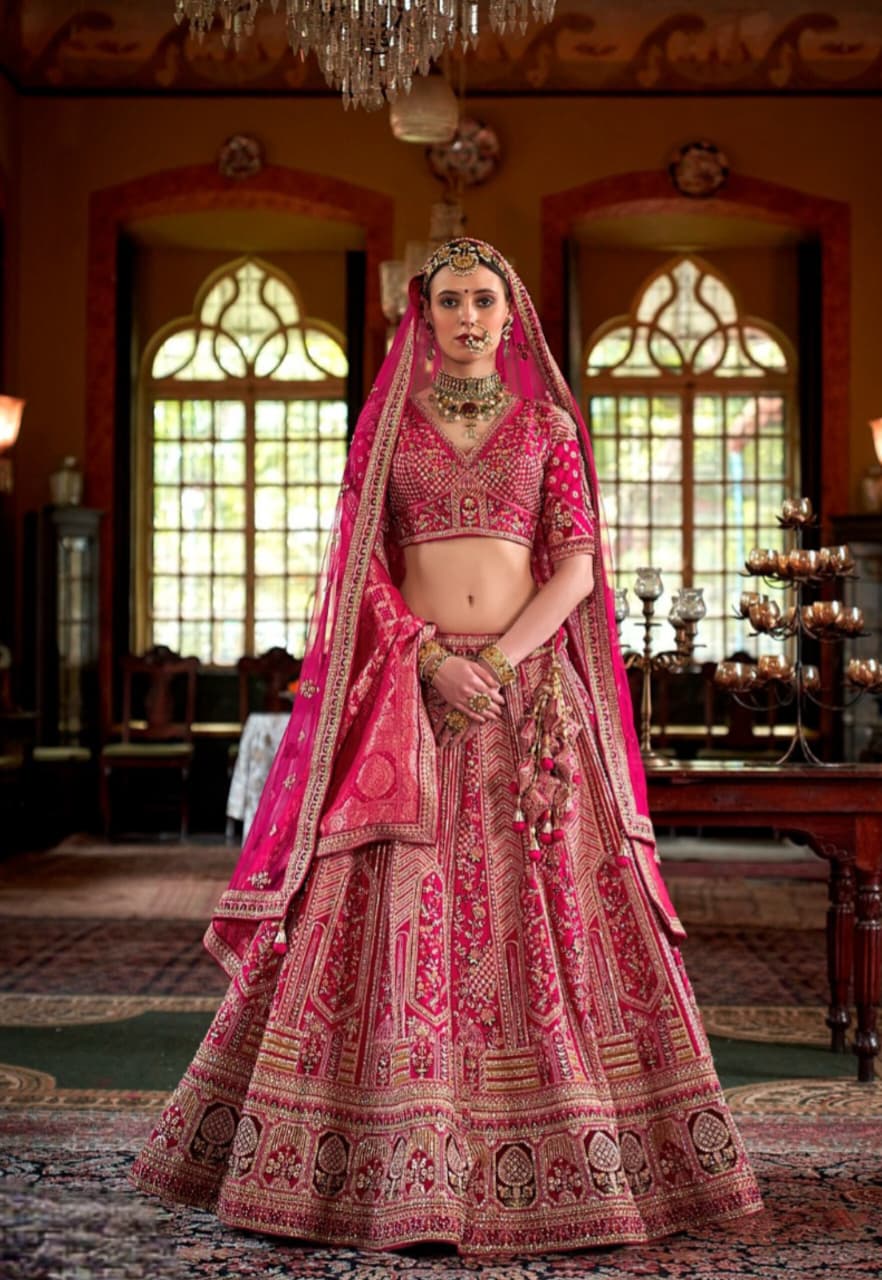 Pink Sabyasachi Style Bridal Silk Embroidered Lehanga