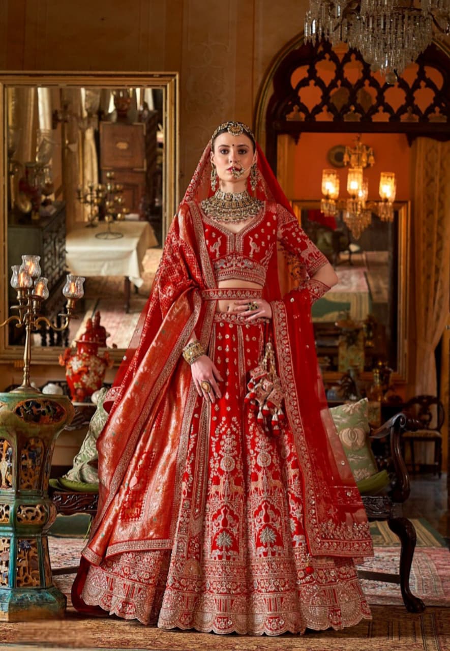 Red Sabyasachi Style Bridal Silk Embroidered Lehanga