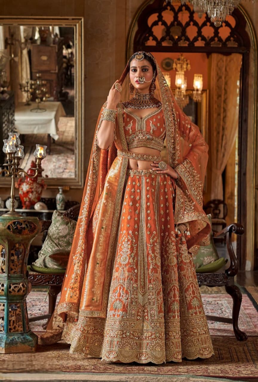 Peach Sabyasachi Style Bridal Silk Embroidered Lehanga