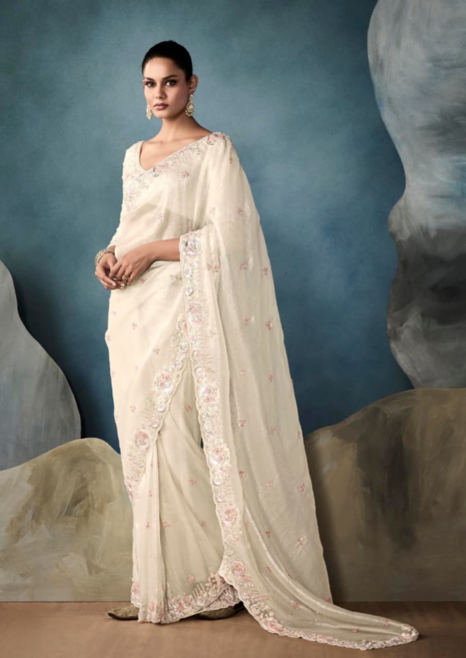 Ivory White Tissue Handwork Designer Saree