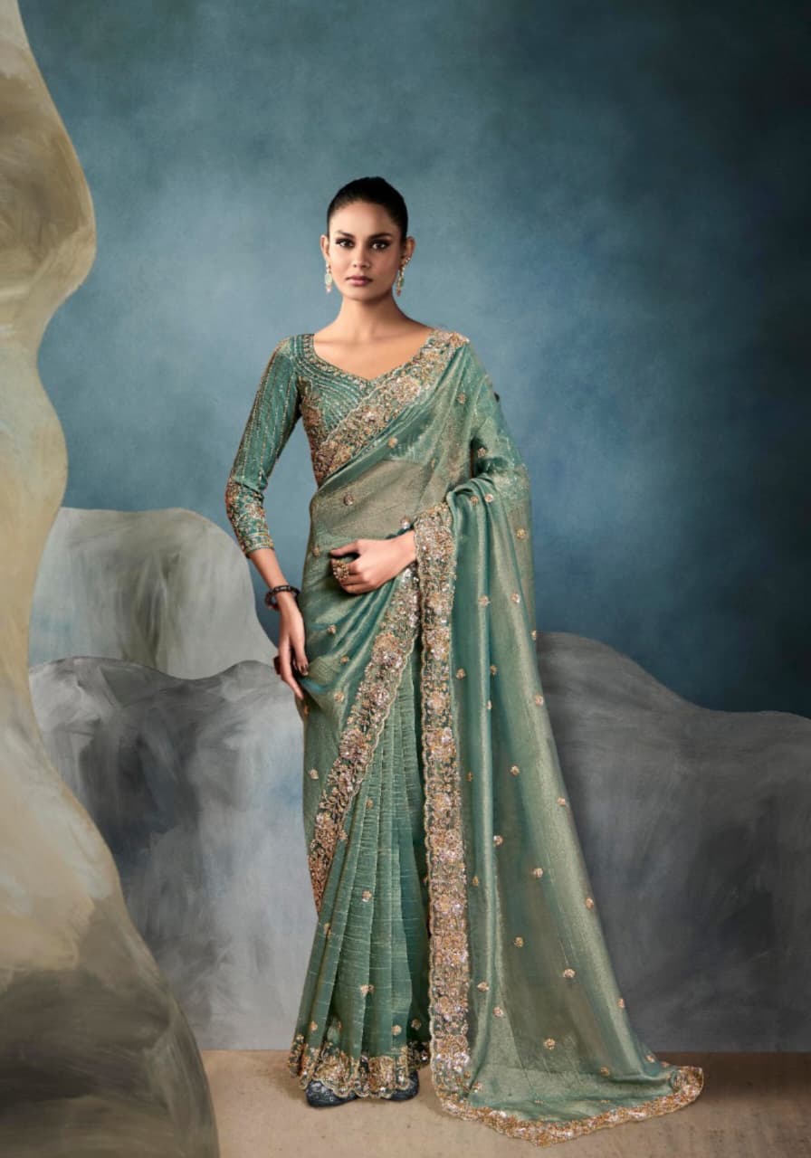 Sage Green Tissue Handwork Designer Saree