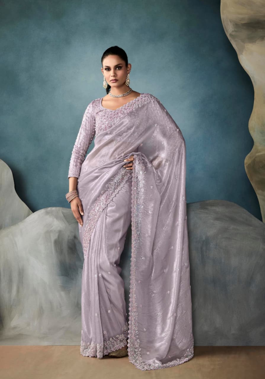 Lavender Tissue Handwork Designer Saree