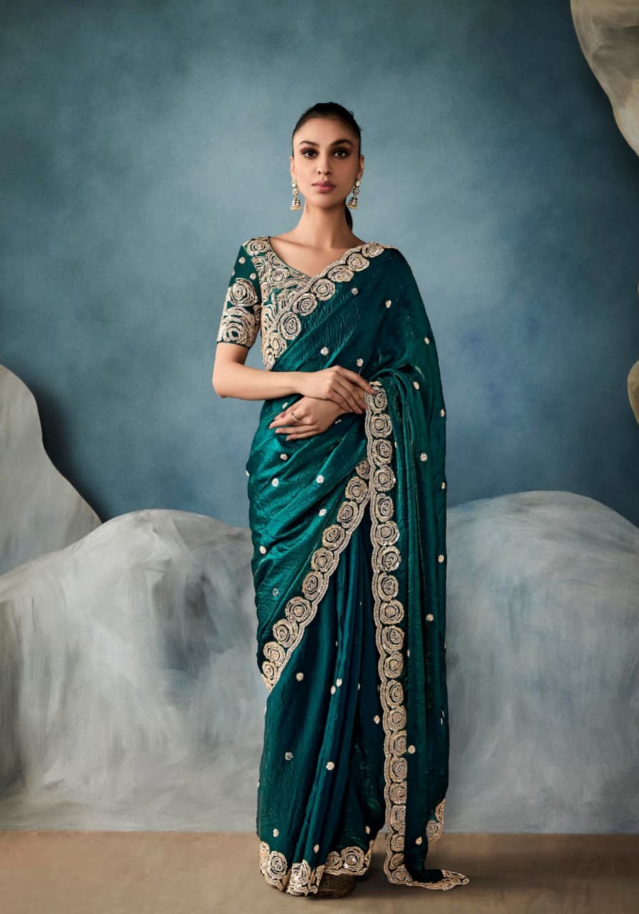 Teal Green Tissue Handwork Designer Saree