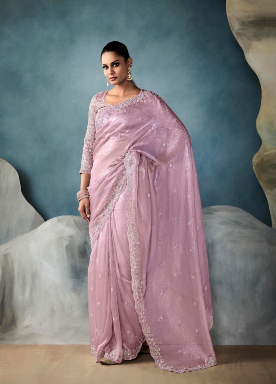 Dusty Pink Tissue Handwork Designer Saree