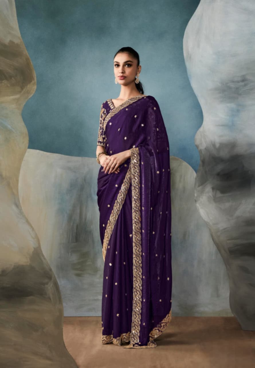 Deep Purple Tissue Handwork Designer Saree