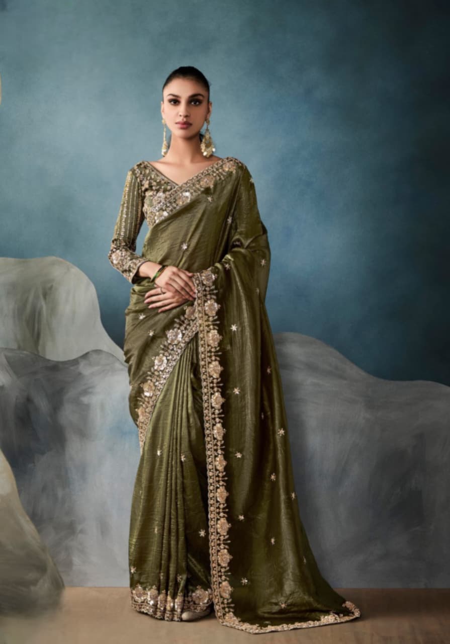 Olive Green Tissue Handwork Designer Saree