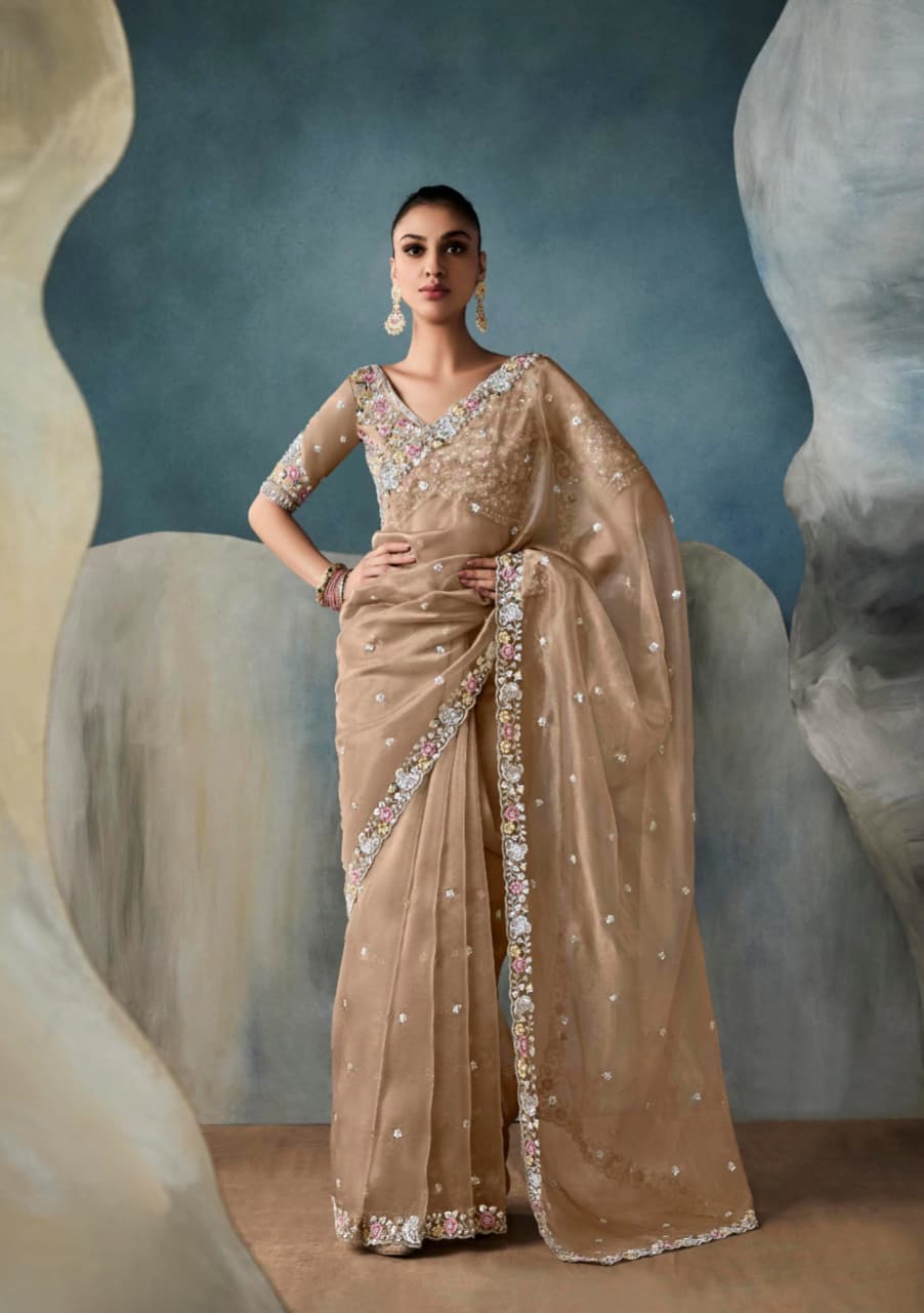 Gold Tissue Handwork Designer Saree